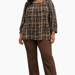 Ashley Stewart Black Brown Geometric Print Long Sleeve Blouse Women's 18W